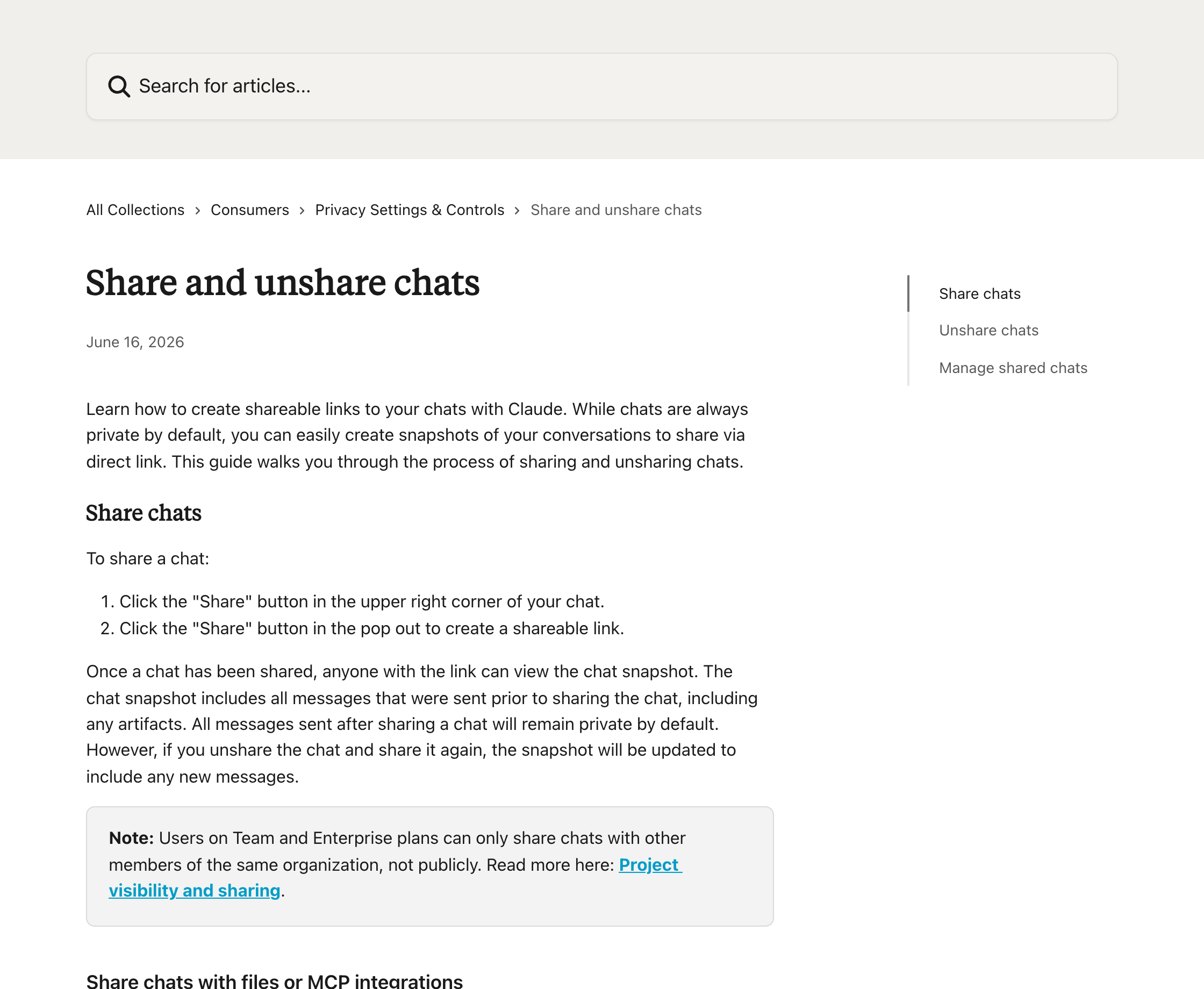 Anthropic documentation for sharing and unsharing chats