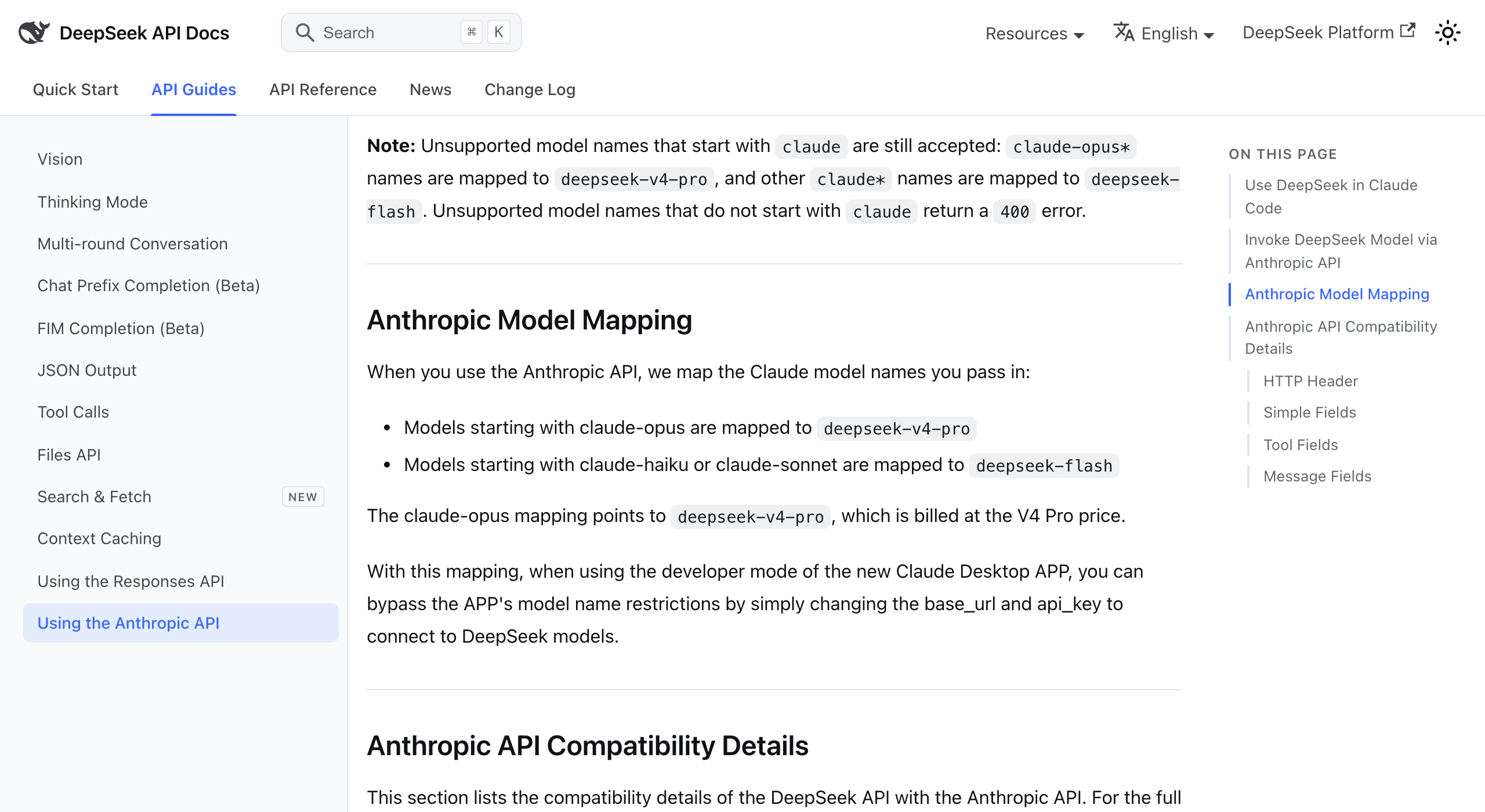 DeepSeek Anthropic API guide stating that claude-opus model names map to deepseek-v4-pro billed at the V4 Pro price, claude-haiku and claude-sonnet names map to deepseek-flash, and unsupported names not starting with claude return a 400 error
