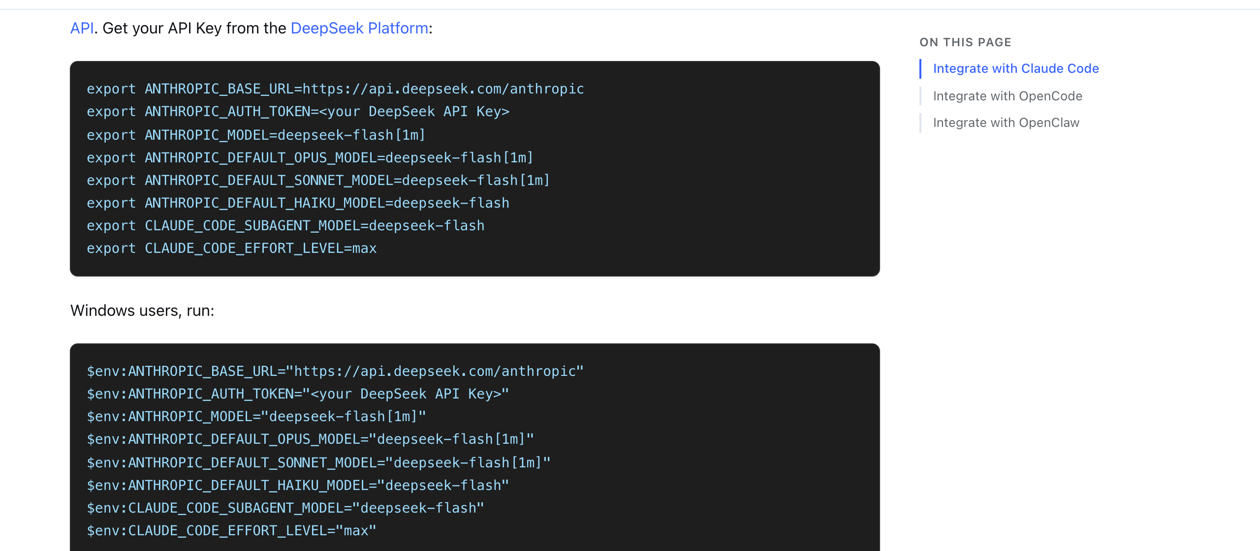 DeepSeek API docs Claude Code integration page showing environment variables ANTHROPIC_BASE_URL set to api.deepseek.com/anthropic and the Opus, Sonnet, Haiku, and subagent model variables all set to deepseek-flash