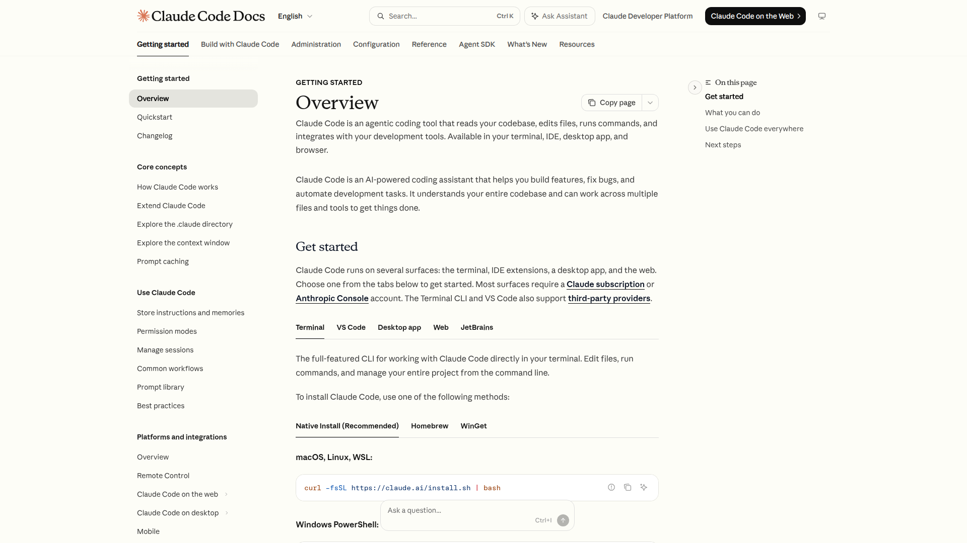 Claude Code official documentation showing install command and platform options