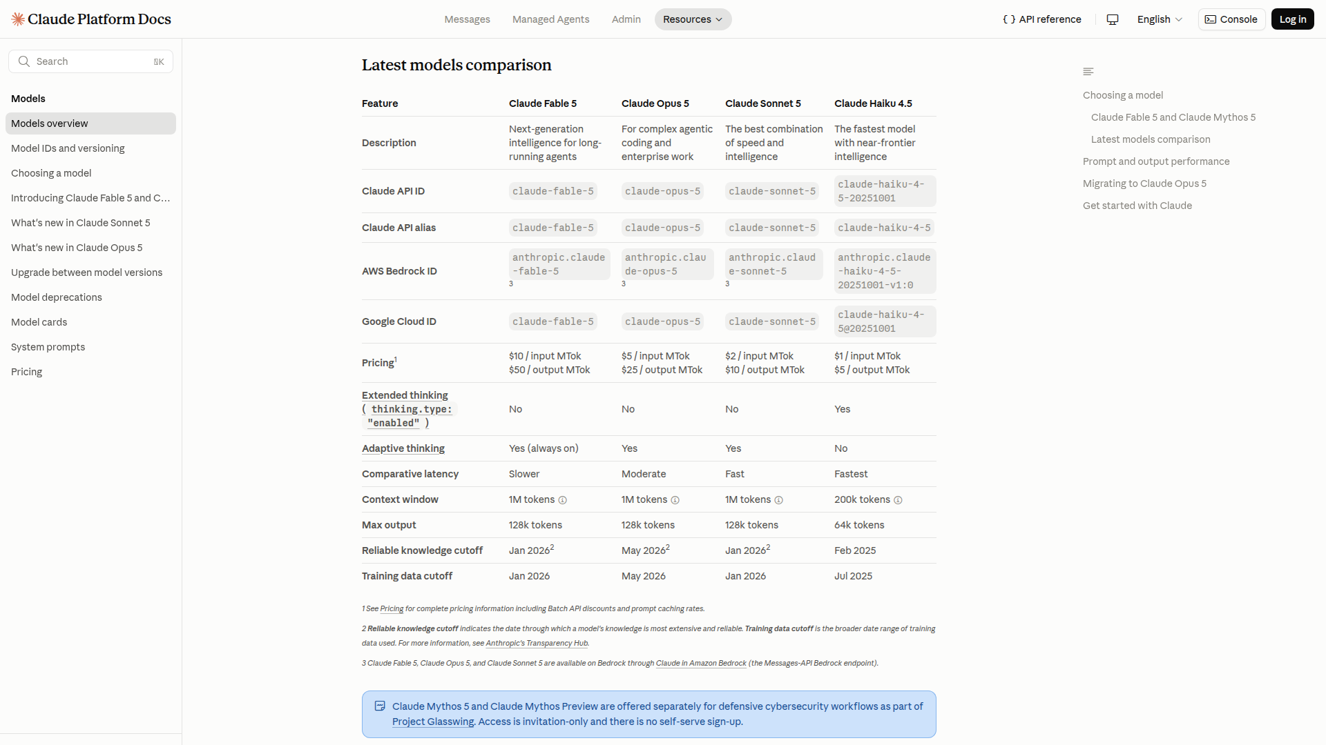 Anthropic's models overview showing Fable 5, Opus 5, and Sonnet 5 pricing, model IDs, context windows, and knowledge cutoffs