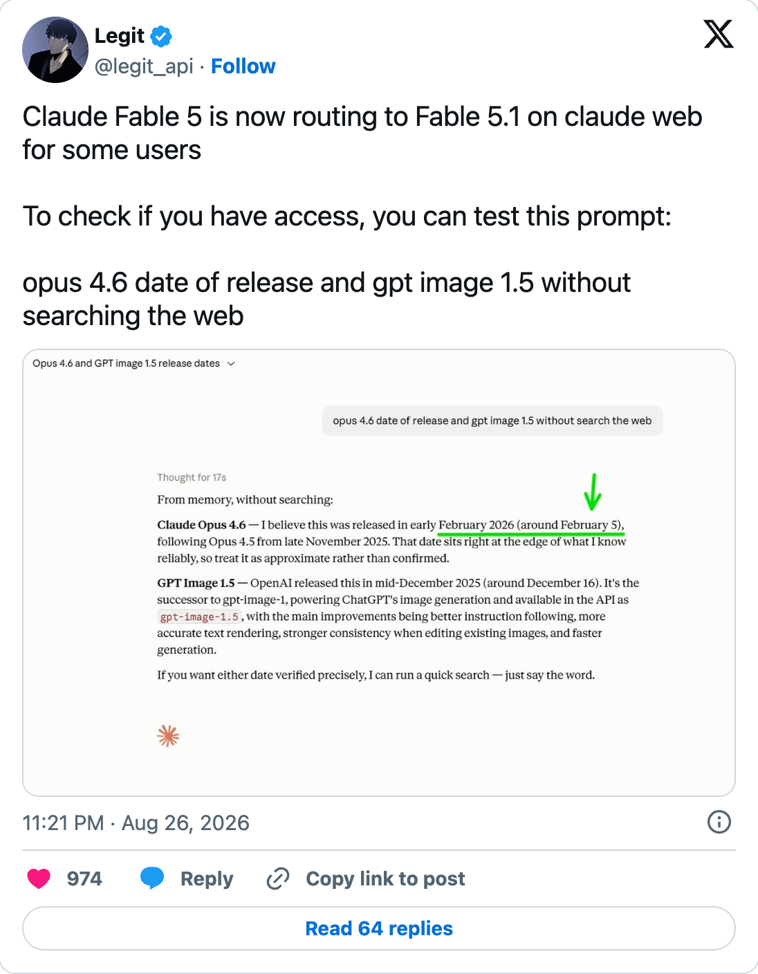 legit_api's post claiming some Claude Web users are routing to Fable 5.1, with the test answer
