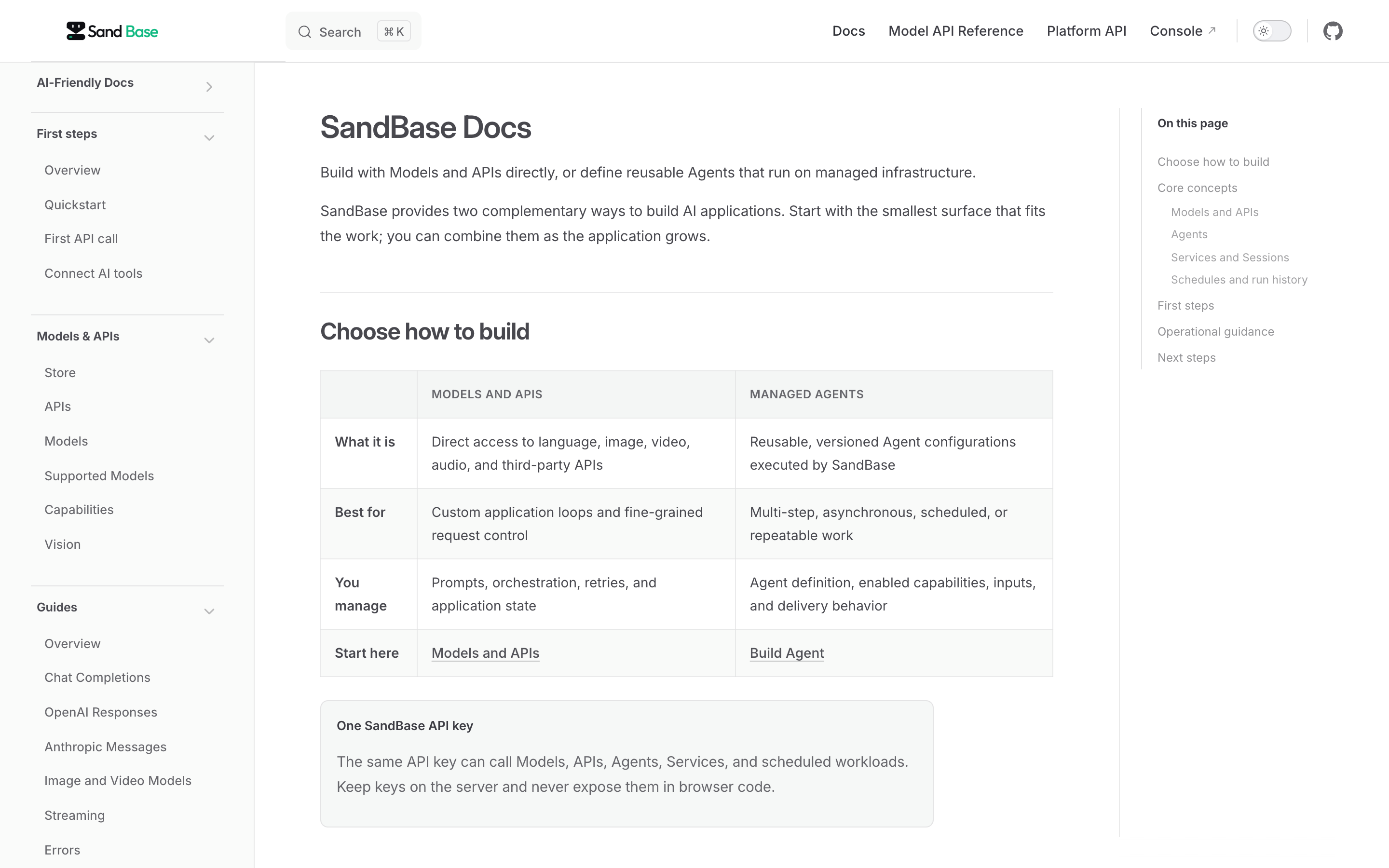 SandBase Docs page for accessing models, APIs, and managed agents