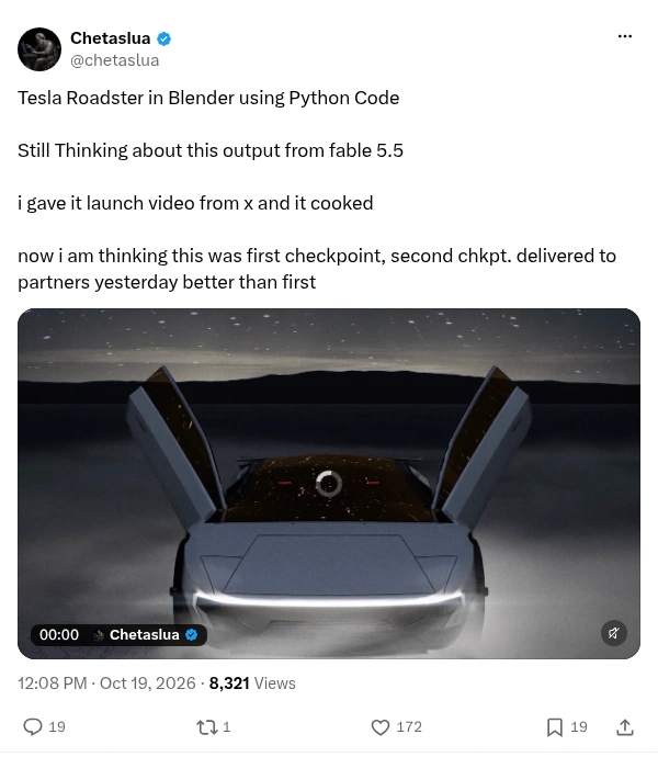 Chetaslua's October 19 post on X showing a Blender Tesla Roadster render attributed to Fable 5.5 and claiming a second checkpoint was delivered to partners