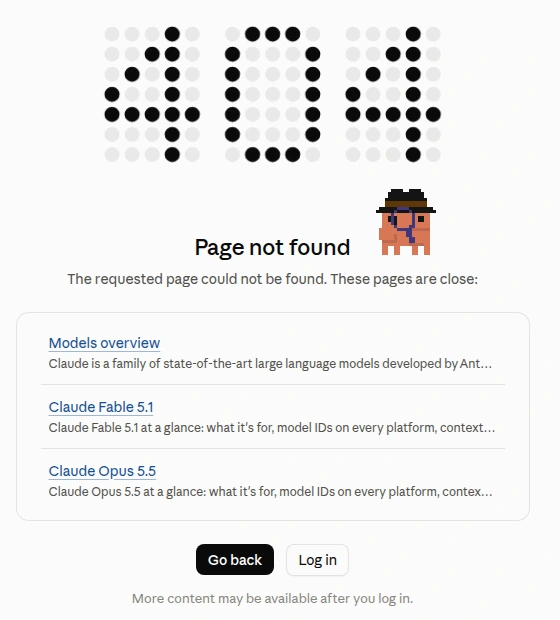 Claude Platform Docs showing Page not found at the rumored Fable 5.5 overview URL on October 20, 2026, with suggestions for Models overview, Claude Fable 5.1 and Claude Opus 5.5