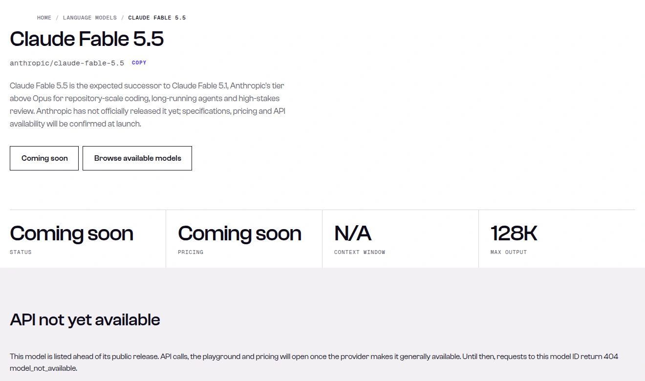 SandBase model page for anthropic/claude-fable-5.5 showing Coming soon status and pricing and an API not yet available notice