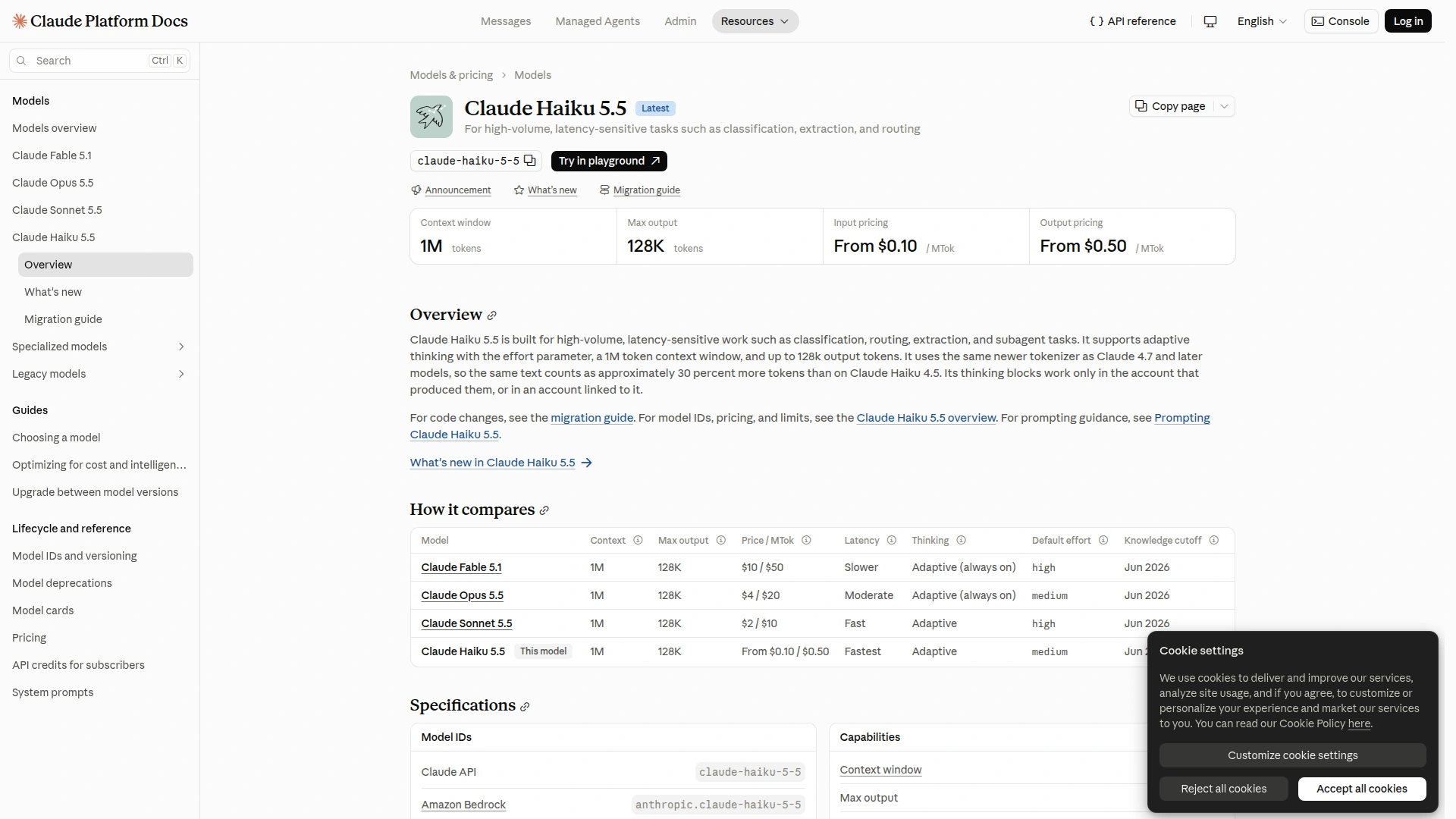 Claude Platform model overview showing 1M context, 128K output and starting prices