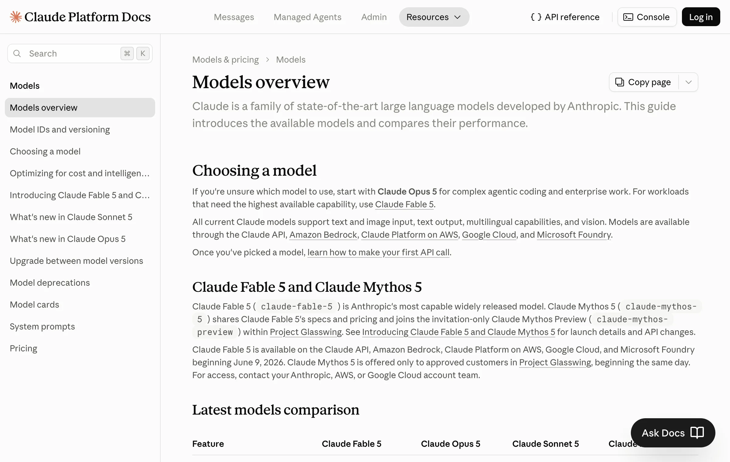Anthropic's current models overview comparing Opus 5 with other Claude models