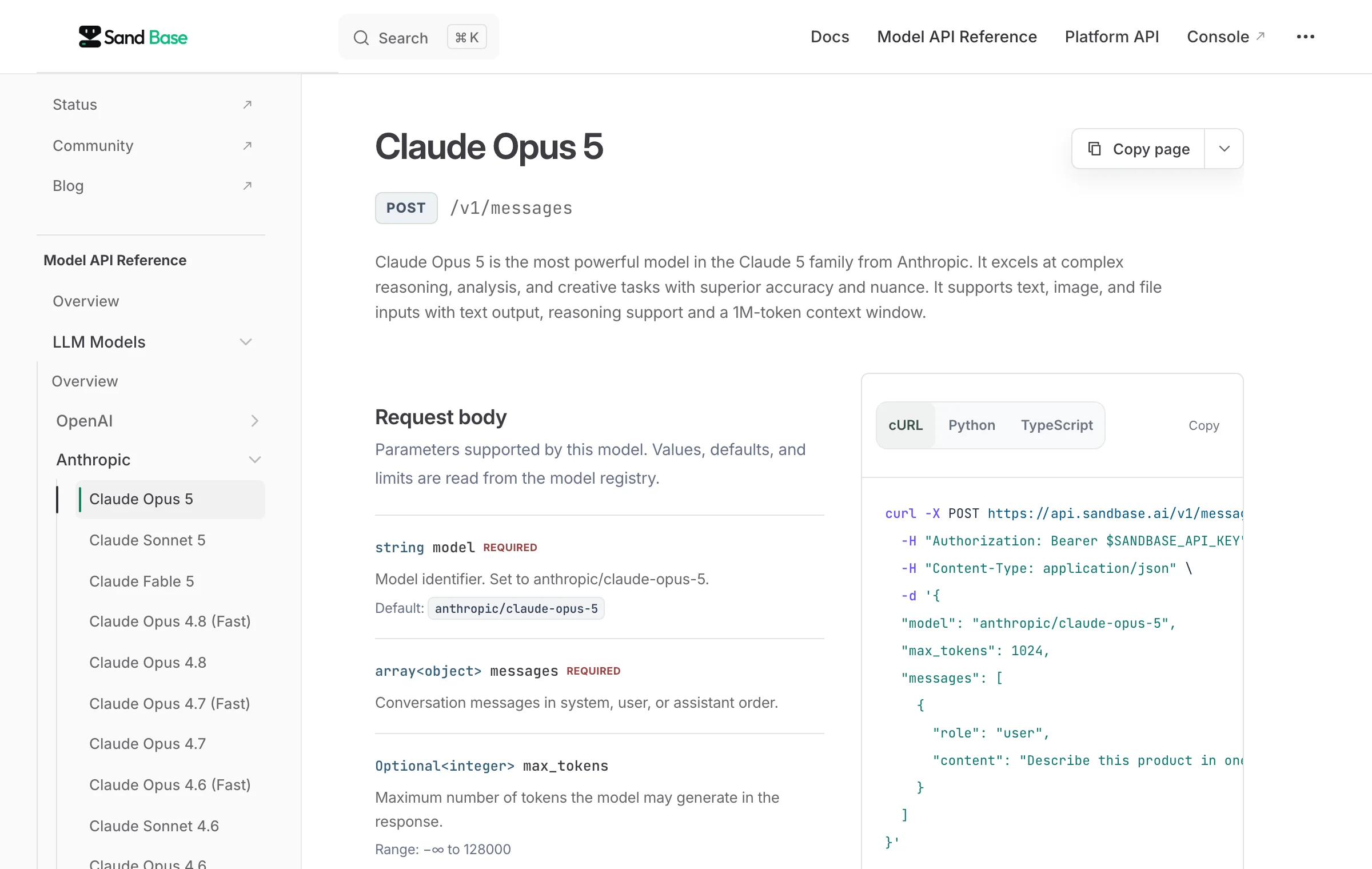 SandBase Claude Opus 5 model reference with the Messages endpoint and model ID