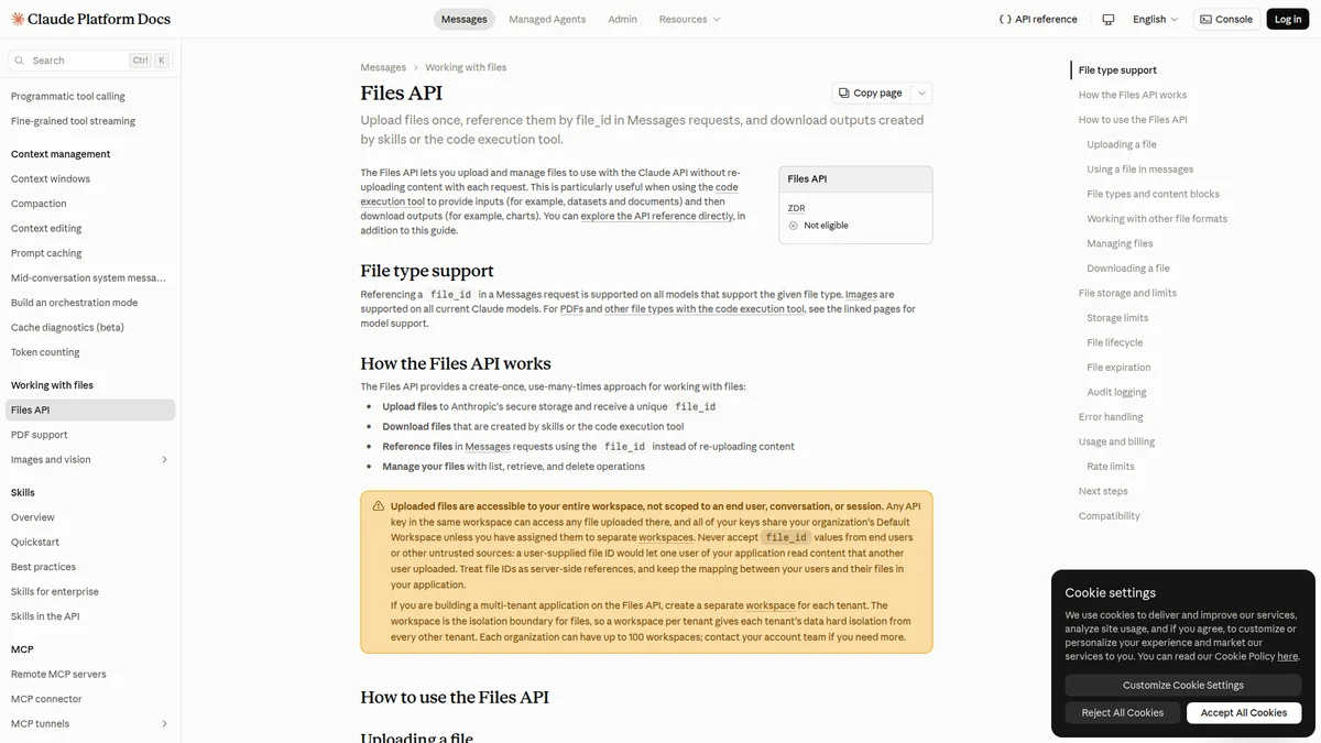 Claude Platform Files API documentation