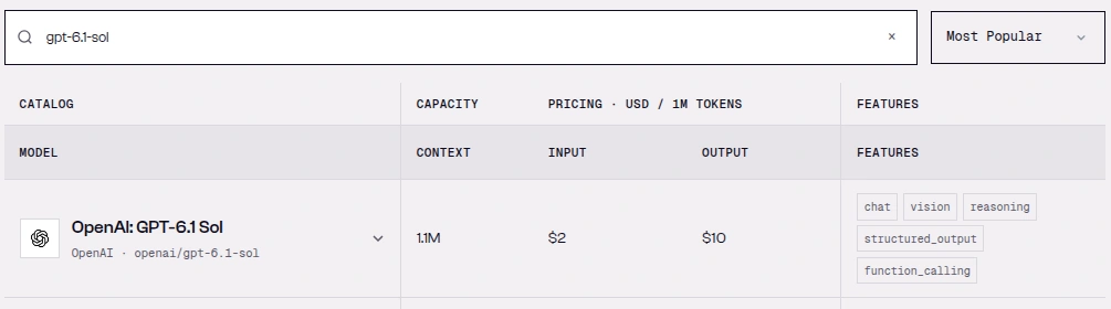 SandBase language model catalog filtered to gpt-6.1-sol, listing OpenAI GPT-6.1 Sol with 1.1M context, $2 input and $10 output per million tokens