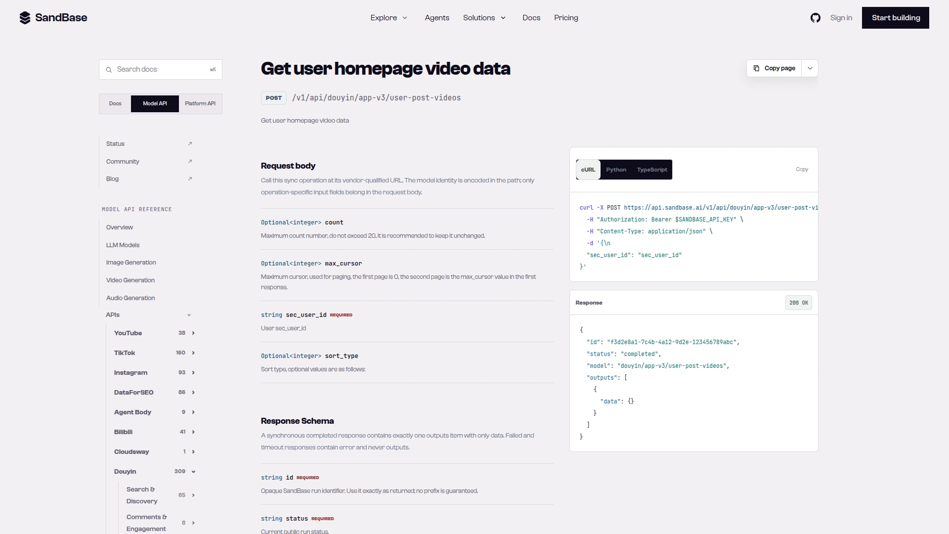 SandBase API reference for douyin/app-v3/user-post-videos showing the POST route, the count, max_cursor, sec_user_id and sort_type fields, and the outputs data envelope