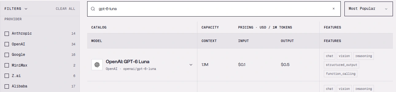 SandBase language model catalog row for OpenAI GPT-6 Luna showing 1.1M context, $0.1 input and $0.5 output per million tokens