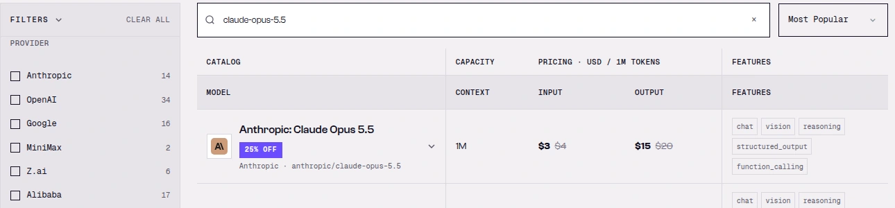 SandBase language model catalog row for Anthropic Claude Opus 5.5 with a 25% OFF badge, showing $3 input instead of $4 and $15 output instead of $20 per million tokens