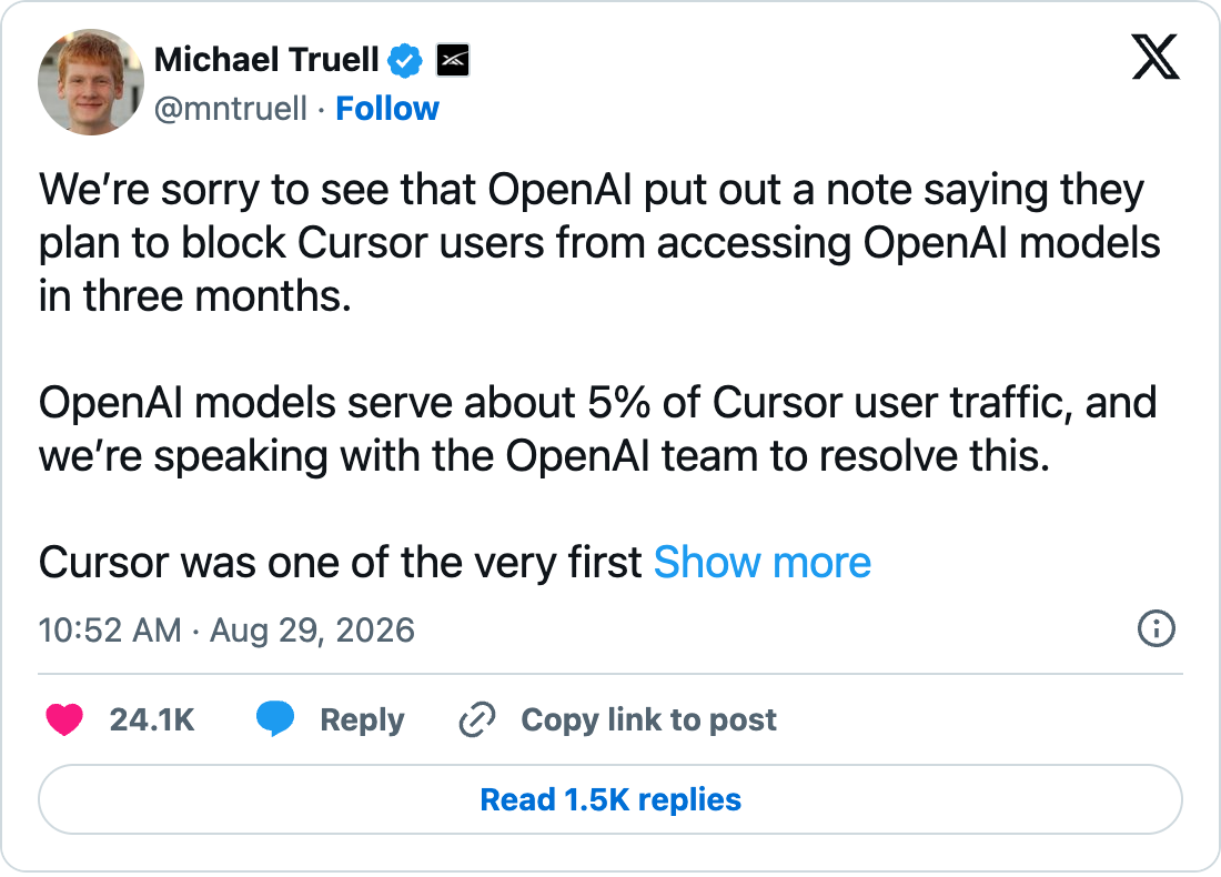 Cursor CEO Michael Truell responding to OpenAI and citing a 5 percent traffic share