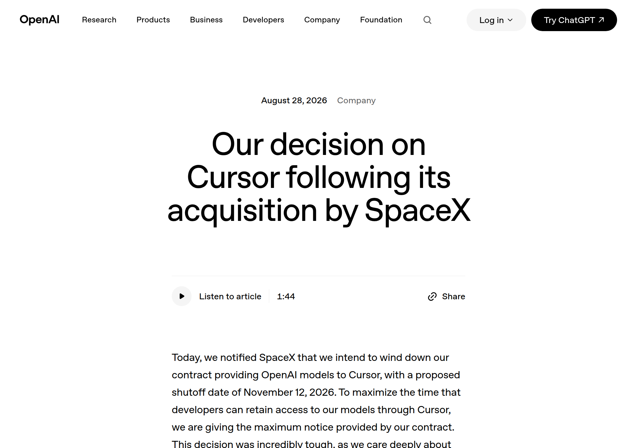 OpenAI announcement about Cursor following its acquisition by SpaceX