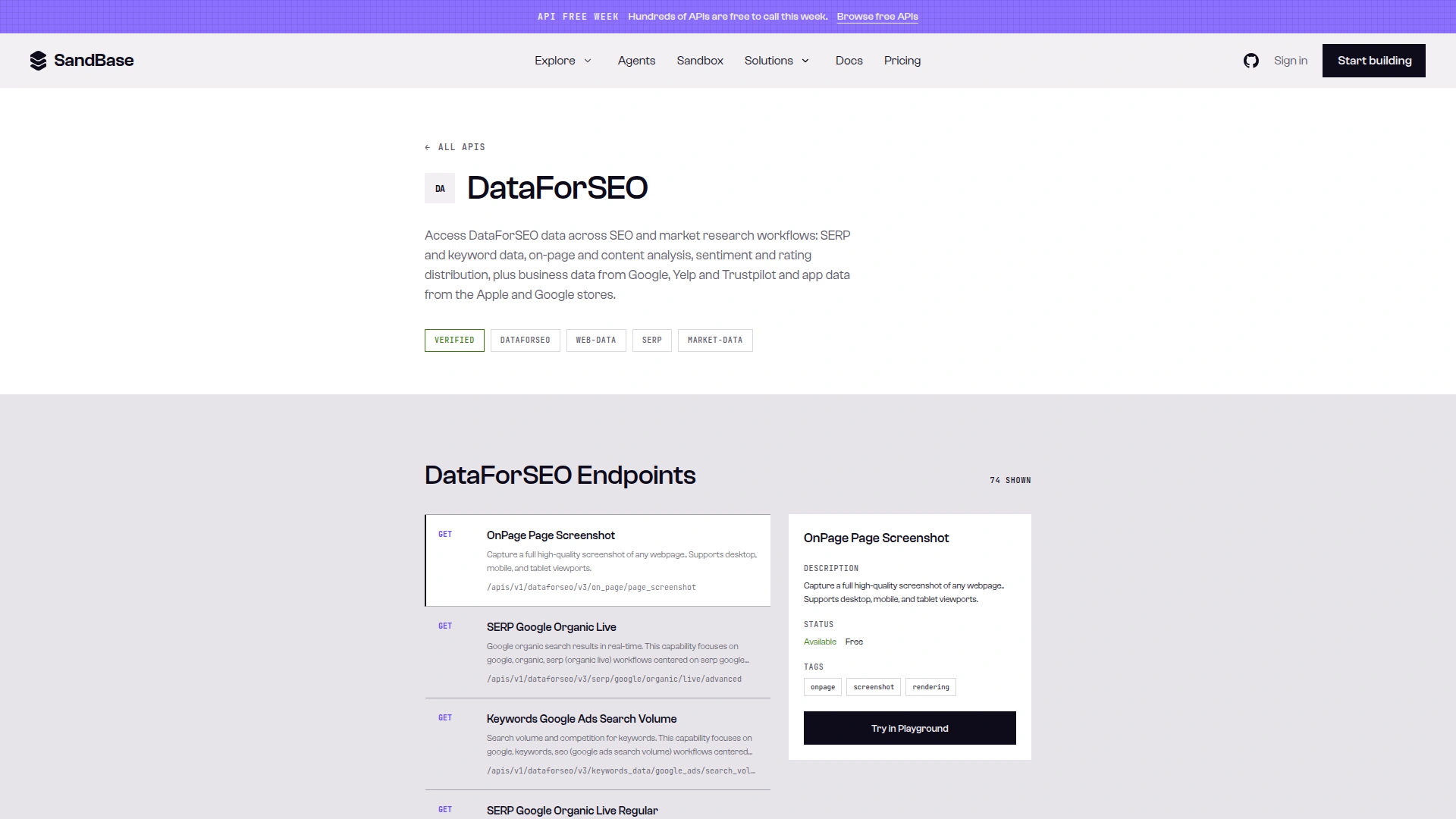 SandBase DataForSEO API catalog showing 74 endpoints, including SERP Google Organic Live, with the selected card marked Available and Free