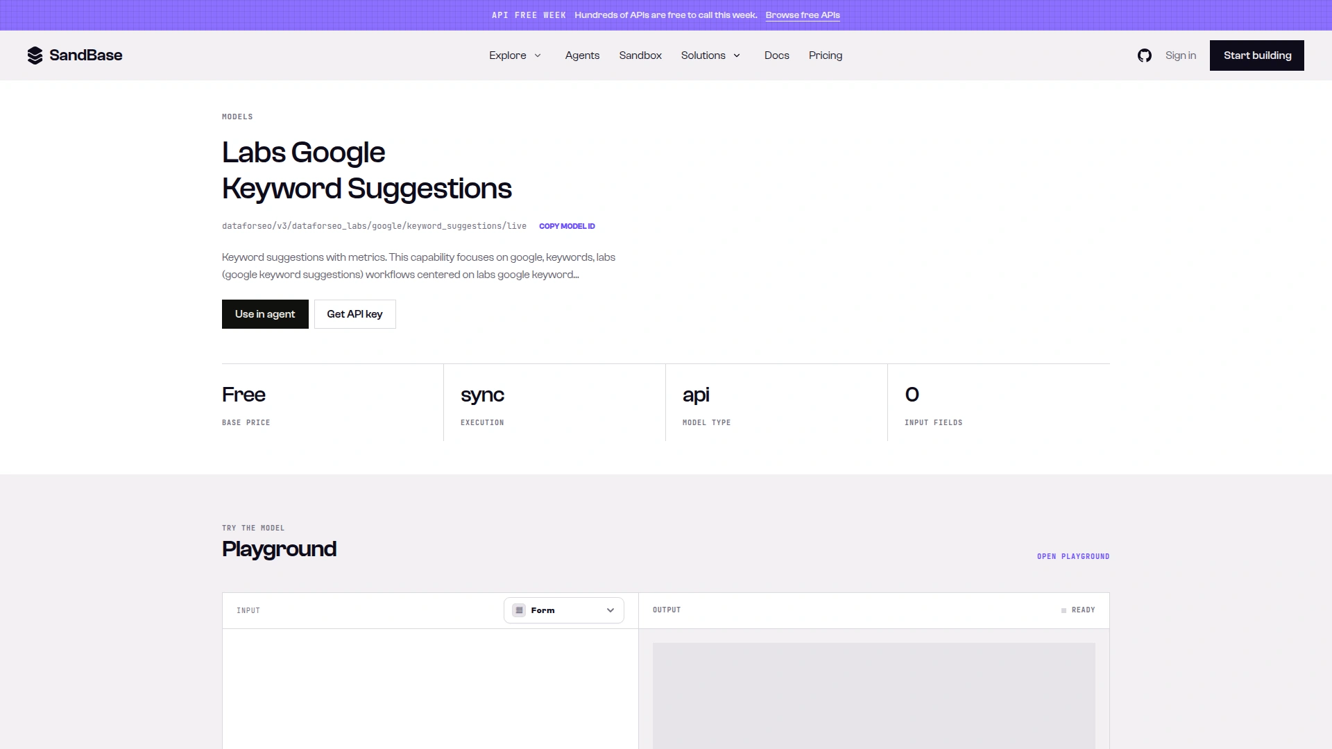SandBase model page for DataForSEO Labs Google Keyword Suggestions showing Free base price, sync execution, api model type and 0 input fields