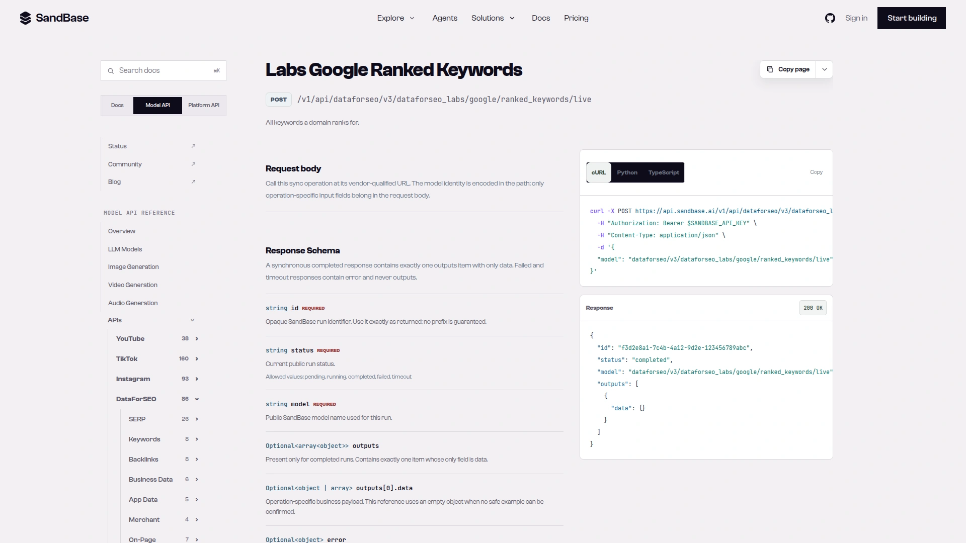 SandBase API reference for dataforseo ranked_keywords live showing the POST route and a completed response example with an outputs data object