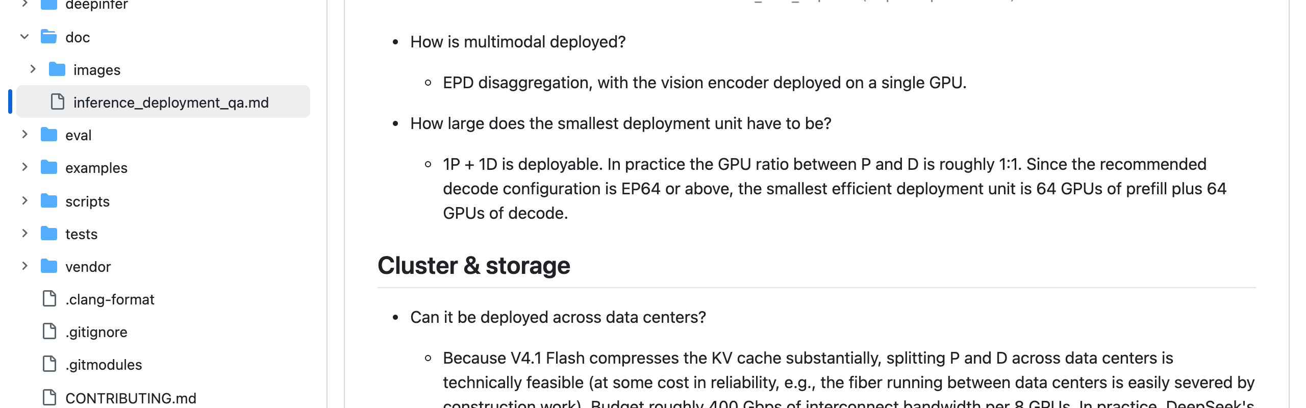 DeepInfer deployment Q&A answering how large the smallest deployment unit has to be: 1P plus 1D is deployable, but the smallest efficient unit is 64 GPUs of prefill plus 64 GPUs of decode