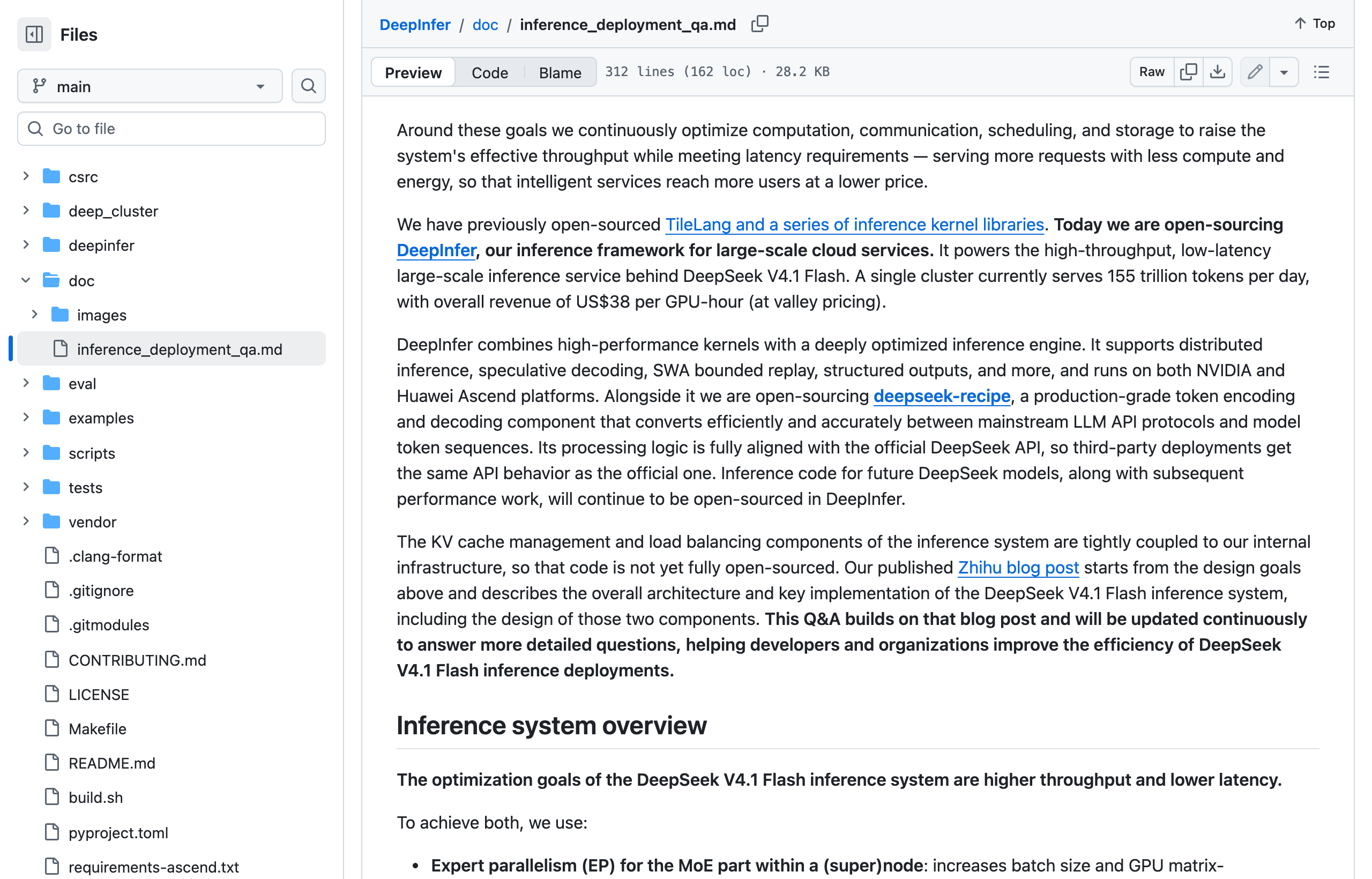 DeepInfer deployment Q&A on GitHub stating that a single cluster serves 155 trillion tokens per day with overall revenue of US$38 per GPU-hour at valley pricing, and that KV cache and load balancing code is not yet fully open-sourced