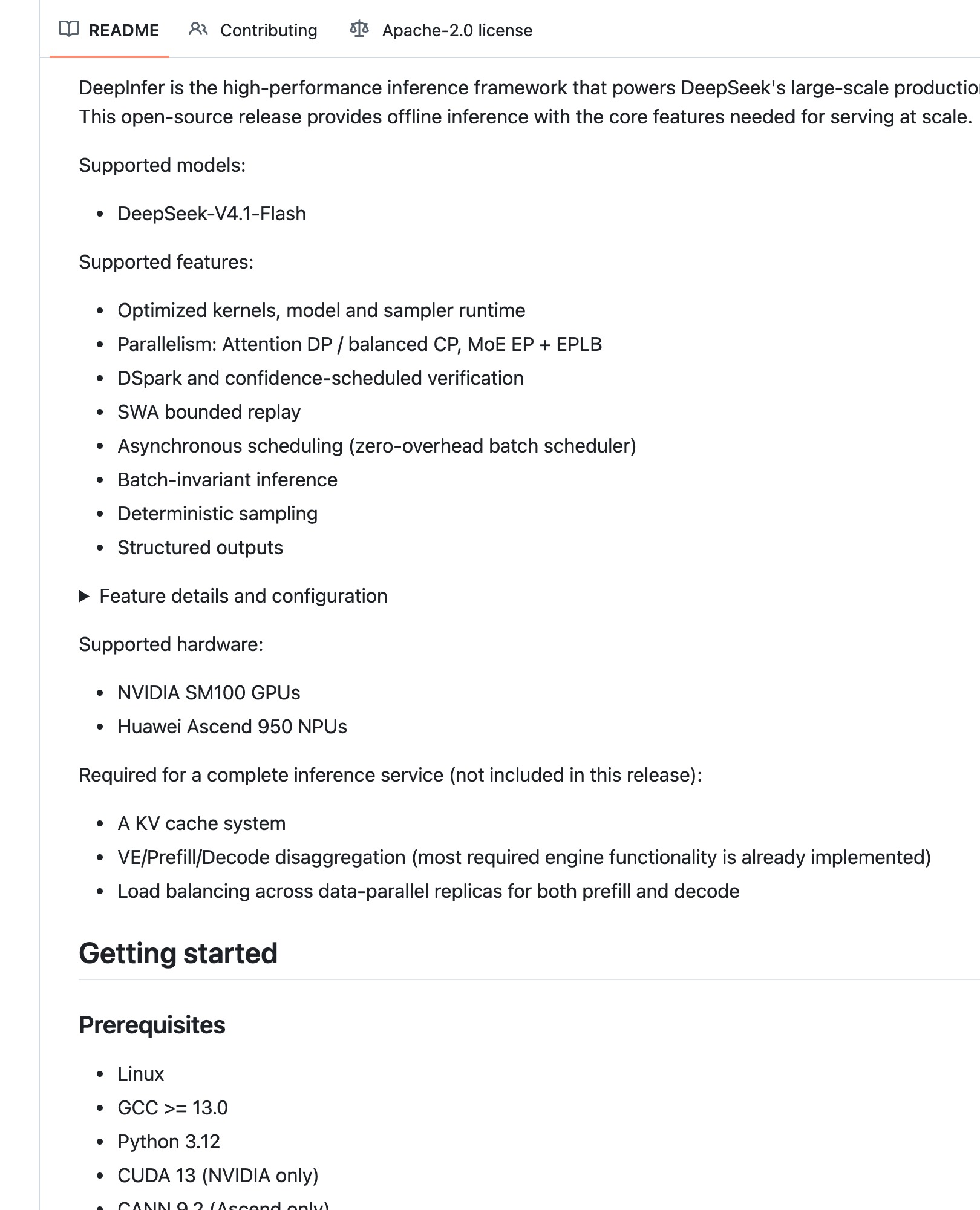 DeepInfer GitHub README listing supported model DeepSeek-V4.1-Flash, features such as DSpark and batch-invariant inference, supported hardware NVIDIA SM100 and Huawei Ascend 950, and three components not included in the release