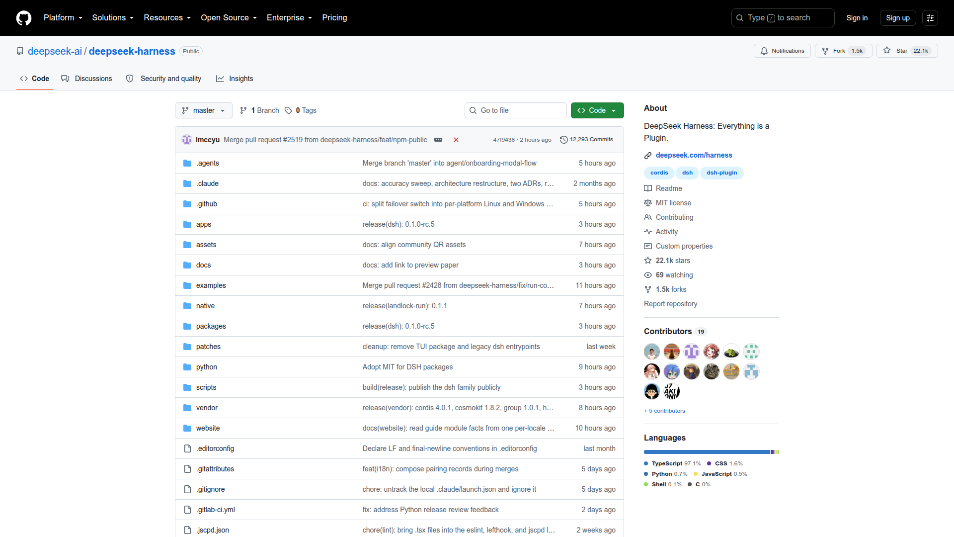 DeepSeek Harness GitHub repository with 18.5k stars