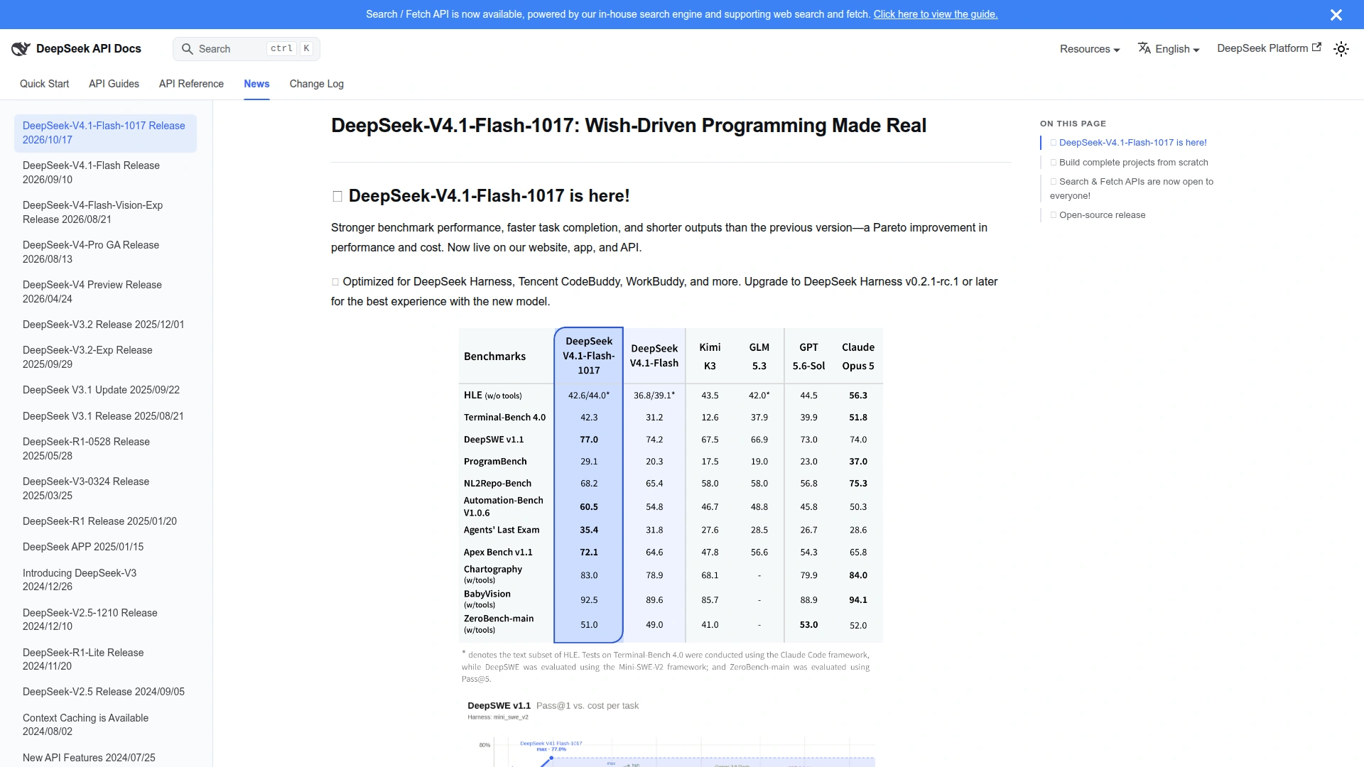DeepSeek launch news for V4.1-Flash-1017 showing the Search and Fetch APIs now open to everyone at 0.75 dollars per 1,000 calls, with server-side tool calls free until October 31