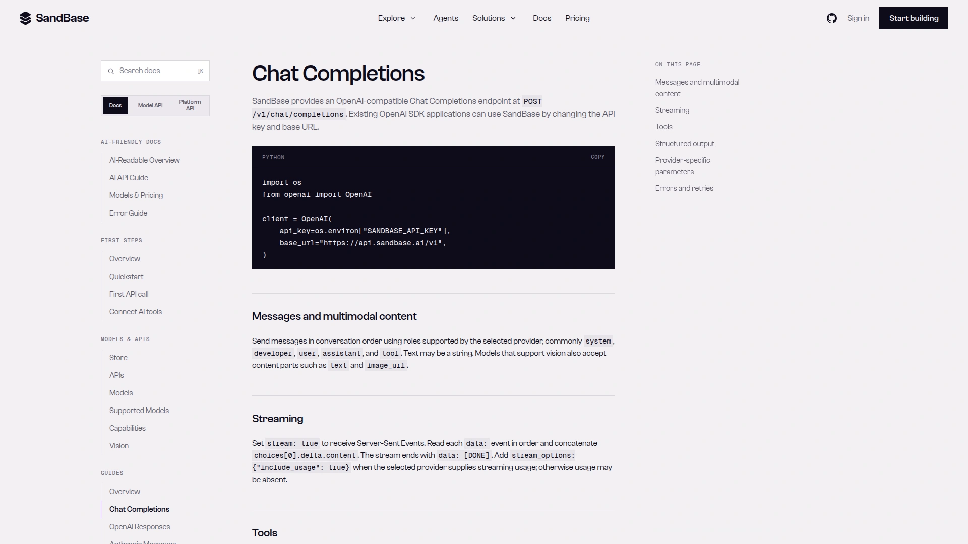 SandBase Chat Completions documentation showing the OpenAI-compatible endpoint, a Python client using base_url https://api.sandbase.ai/v1, and sections on streaming, tools and structured output