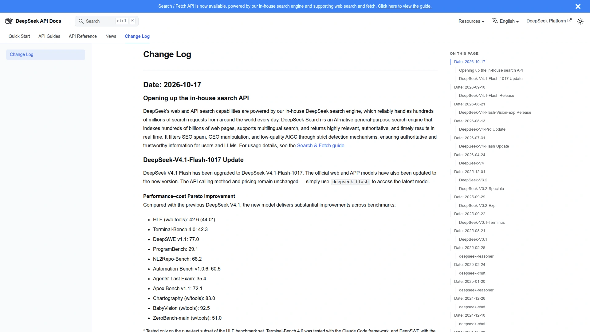 DeepSeek API change log confirming that deepseek-flash is now served by DeepSeek-V4.1-Flash-1017 with the calling method unchanged