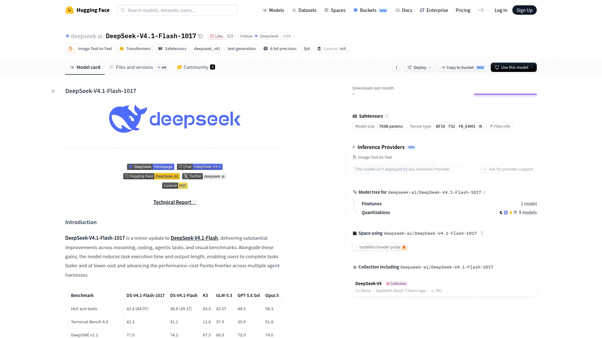 Hugging Face model card for DeepSeek-V4.1-Flash-1017 showing the MIT license, 763B parameter size, and the benchmark table against Kimi K3, GLM-5.3, GPT-5.6 Sol and Opus 5