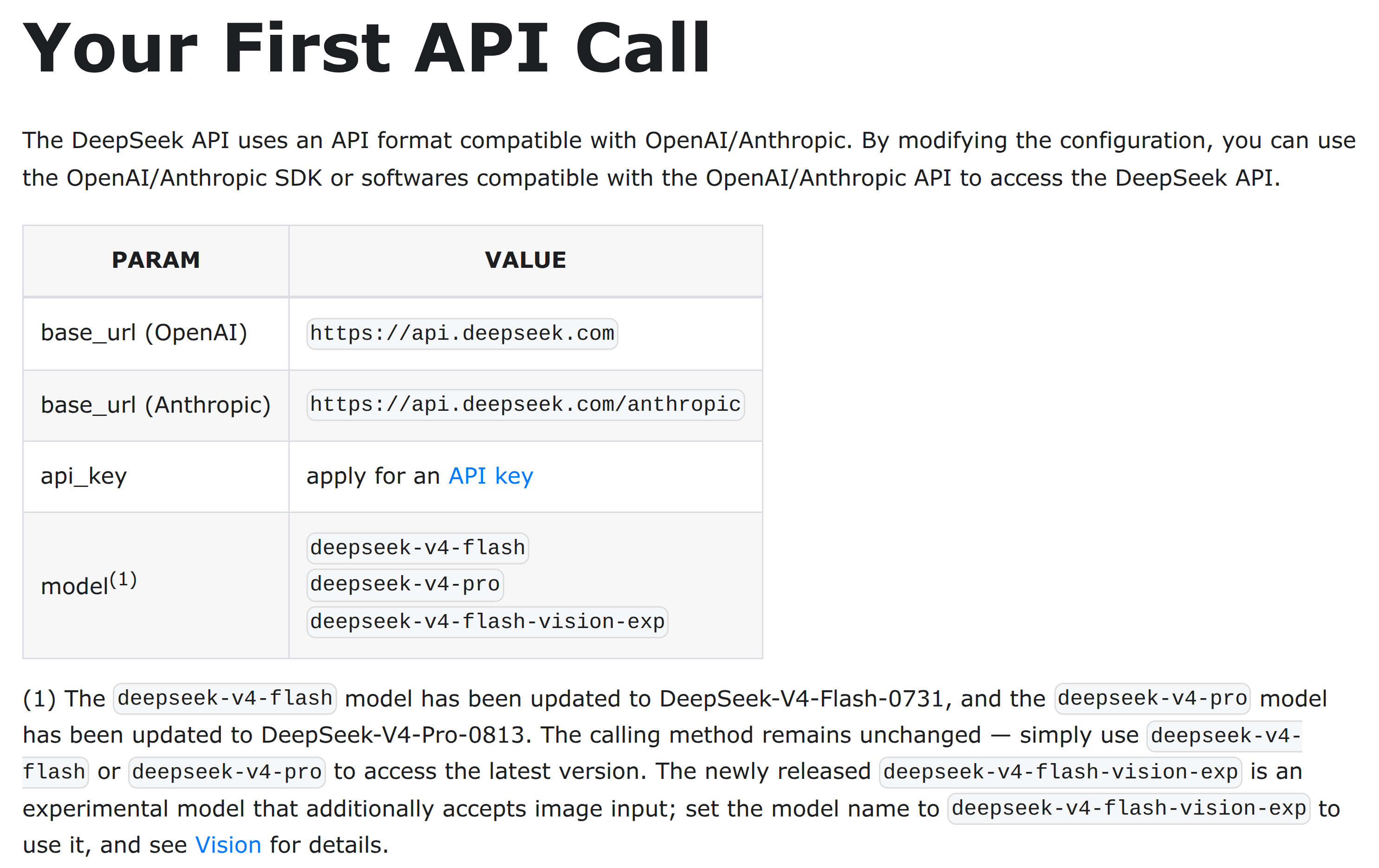 DeepSeek official API quickstart and documented model identifiers