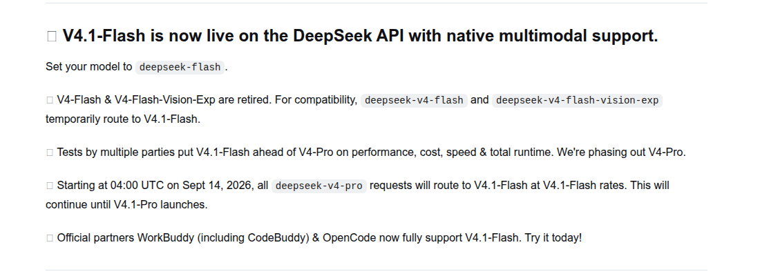 DeepSeek news post section saying deepseek-v4-pro requests route to V4.1-Flash from 04:00 UTC on Sept 14, 2026 until V4.1-Pro launches