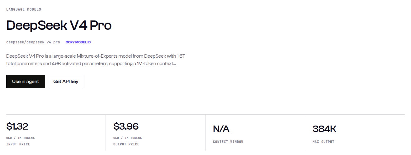 SandBase model page for DeepSeek V4 Pro showing the id deepseek/deepseek-v4-pro, $1.32 input and $3.96 output per million tokens, and 384K max output