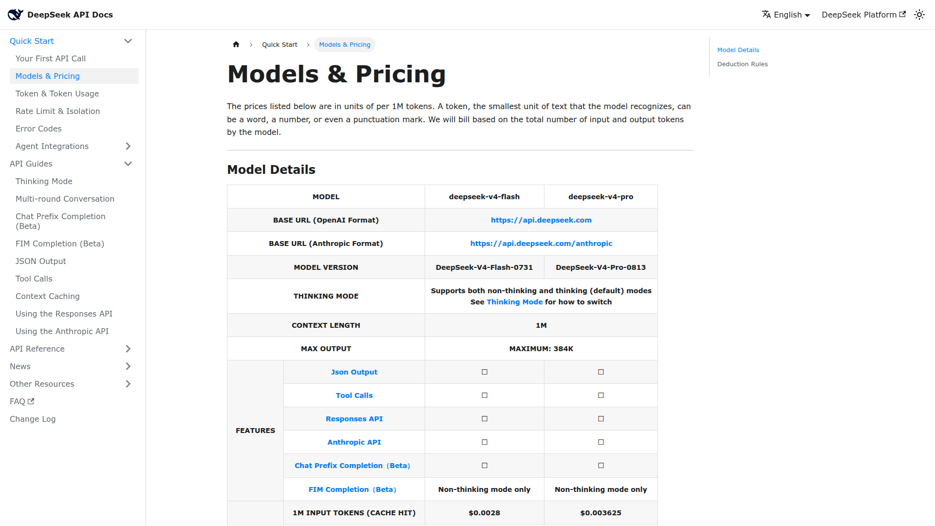 DeepSeek API pricing page showing V4 Pro 0813 GA version