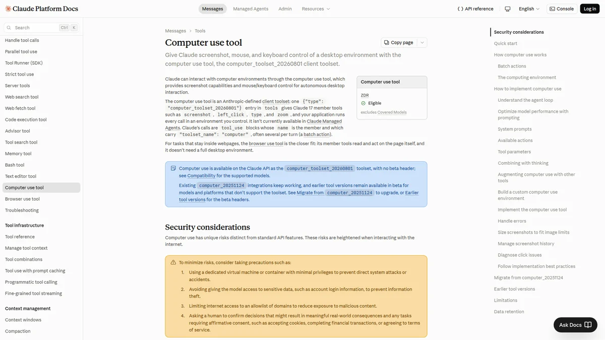 Claude Platform documentation for the Computer Use tool