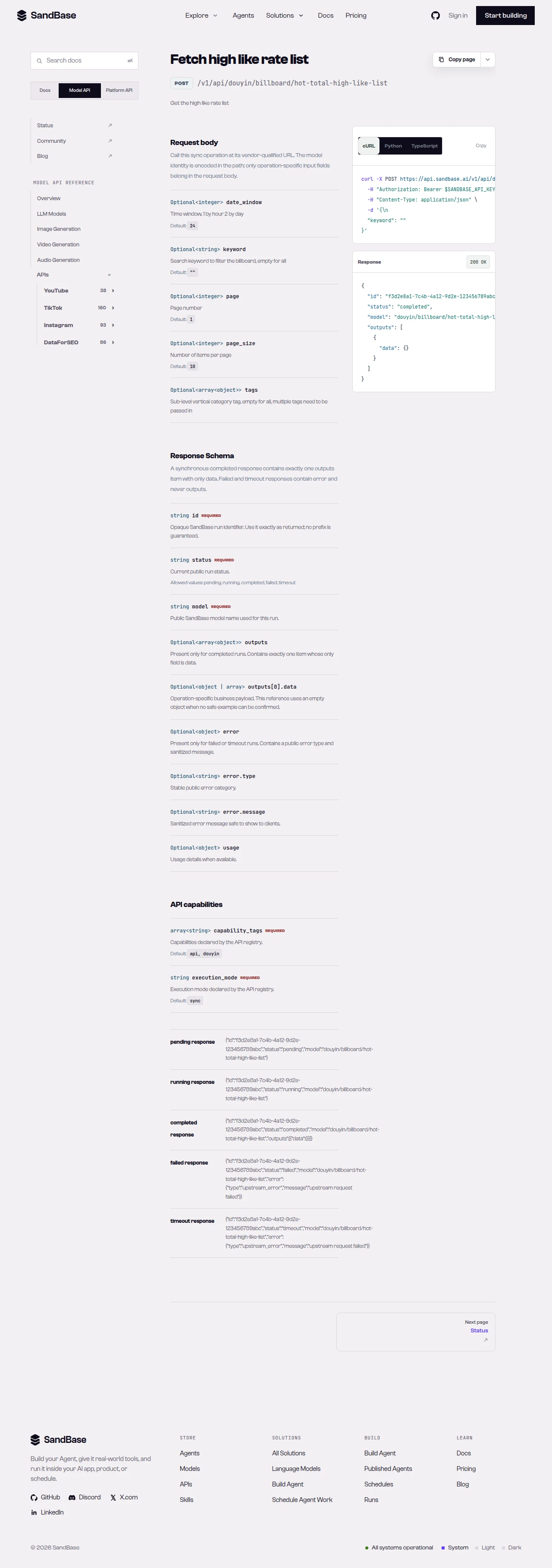 SandBase API reference for the Douyin billboard endpoint, showing the vendor-qualified URL and response schema