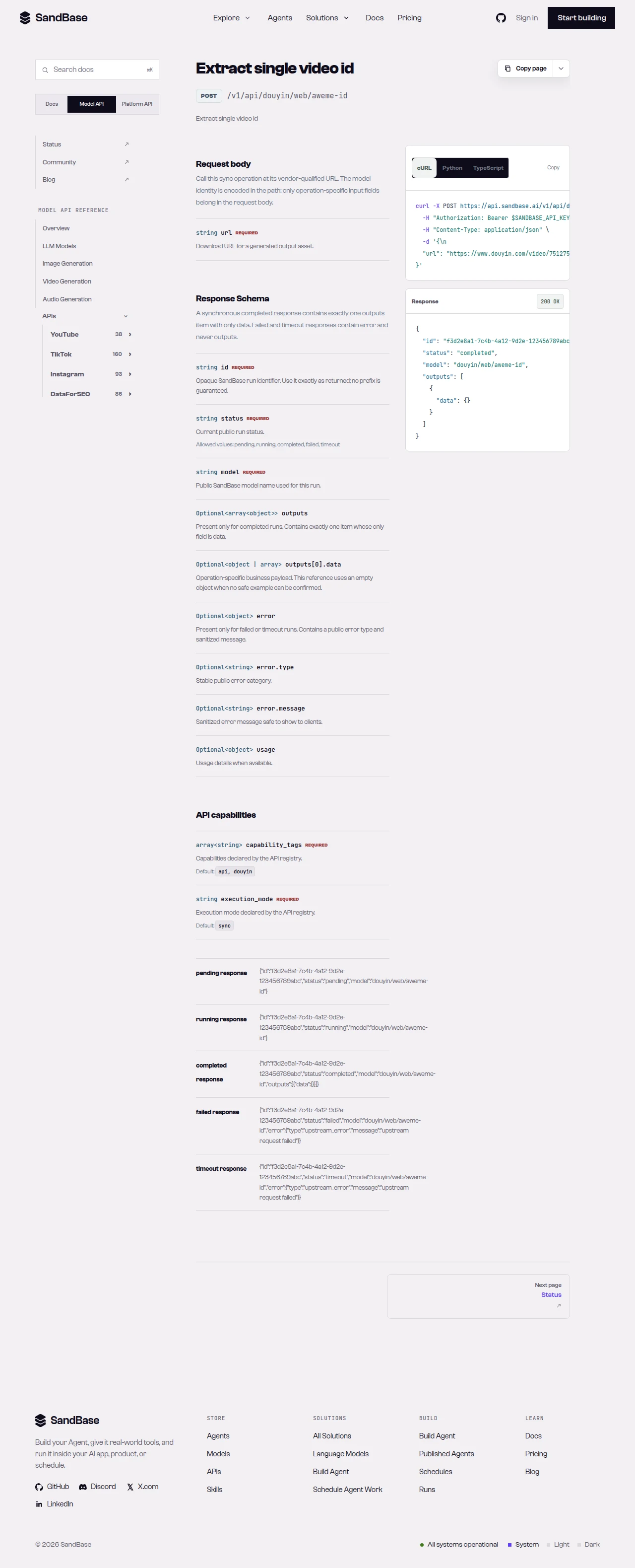 SandBase API reference for the Douyin aweme-id endpoint, showing the URL-to-ID resolution