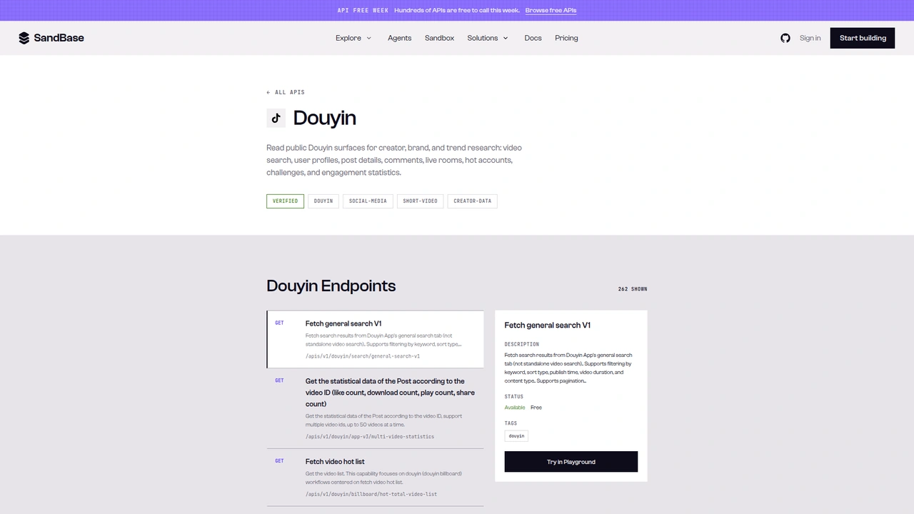 SandBase Douyin API catalog page listing Douyin endpoints, with multi-video-statistics in the list and a selected endpoint marked Available and Free