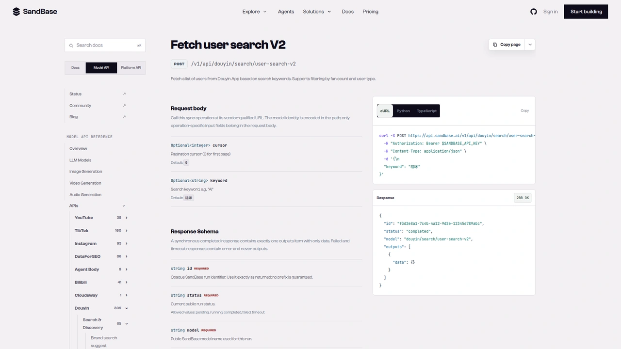SandBase API reference for the Douyin user-search-v2 endpoint