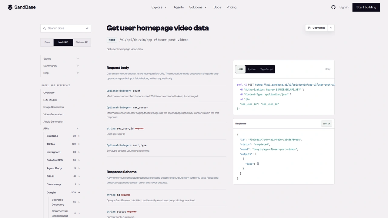 SandBase API reference for the Douyin app-v3 user-post-videos endpoint