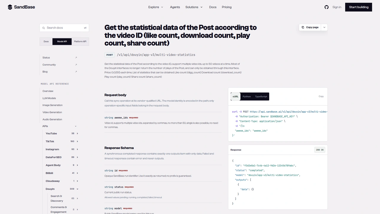 SandBase API reference for the Douyin app-v3 multi-video-statistics endpoint