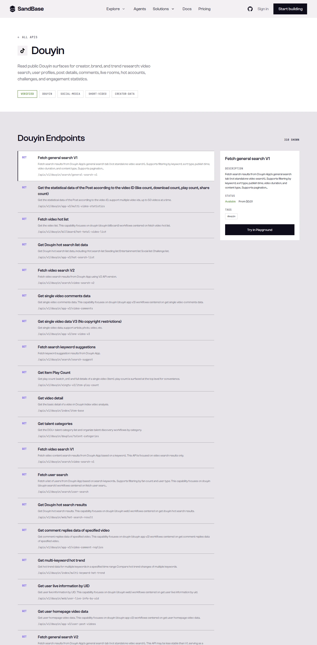 SandBase Douyin API page: description, capability tags, and the endpoint list