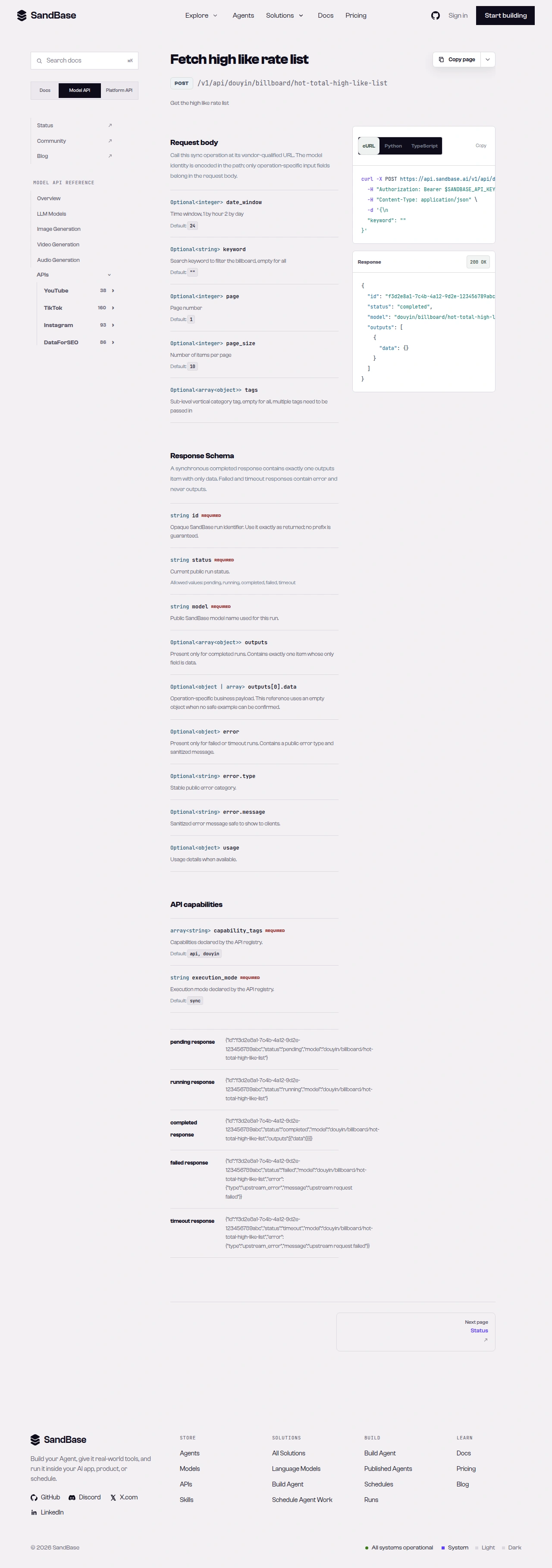 SandBase API reference for a Douyin endpoint, showing the vendor-qualified URL and the response schema