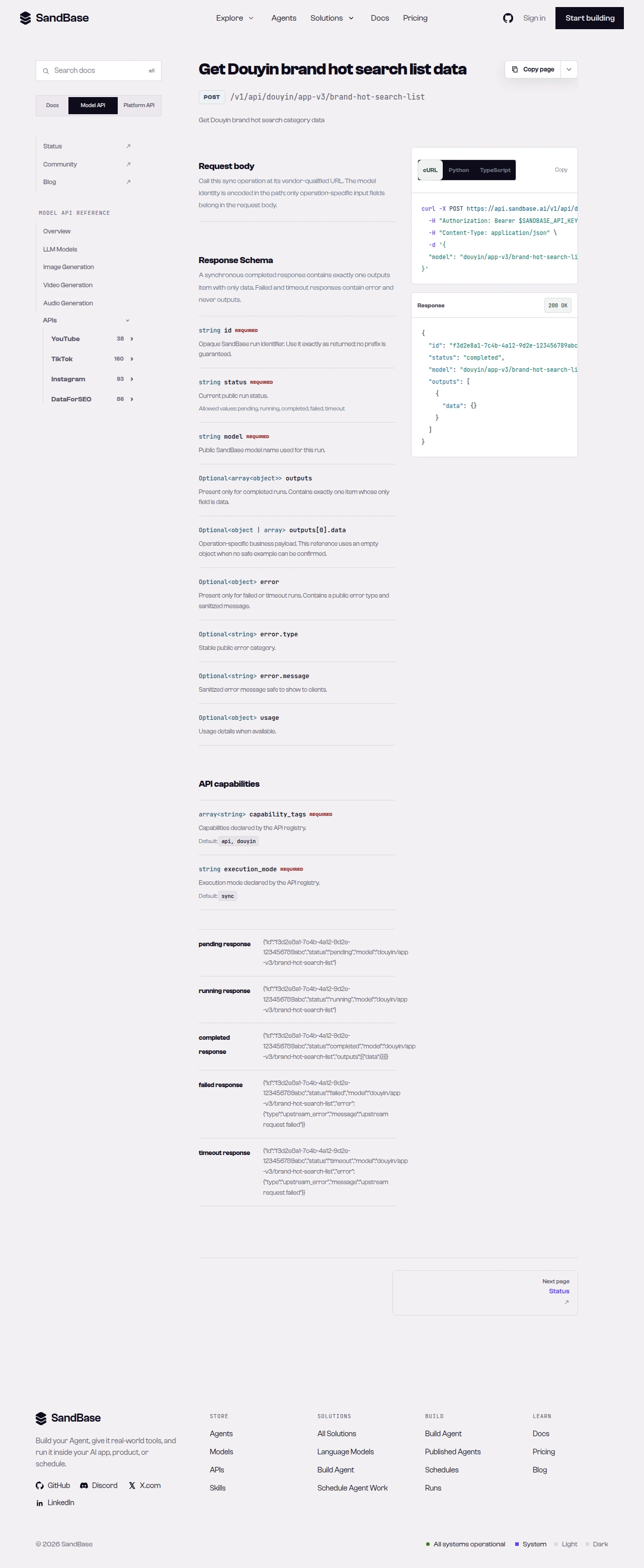 SandBase Douyin endpoint list showing billboard, search, video, and comment endpoints with their paths