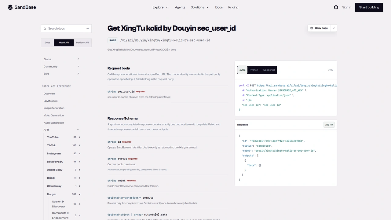 SandBase API reference for the Douyin Xingtu kolid by sec_user_id endpoint