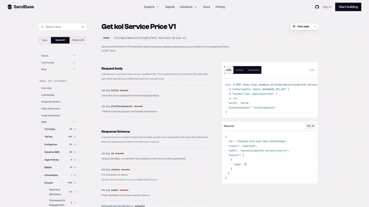 SandBase API reference for the Douyin Xingtu kol-service-price-v1 endpoint