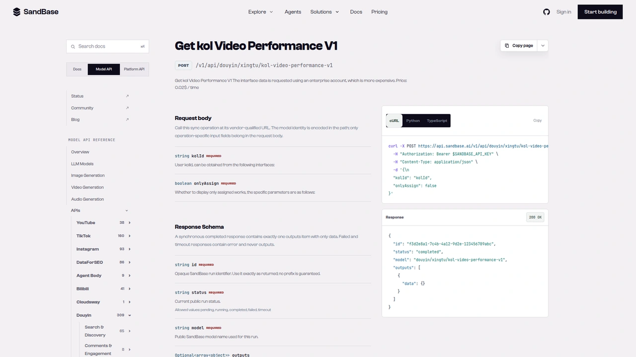SandBase API reference for the Douyin Xingtu kol-video-performance-v1 endpoint