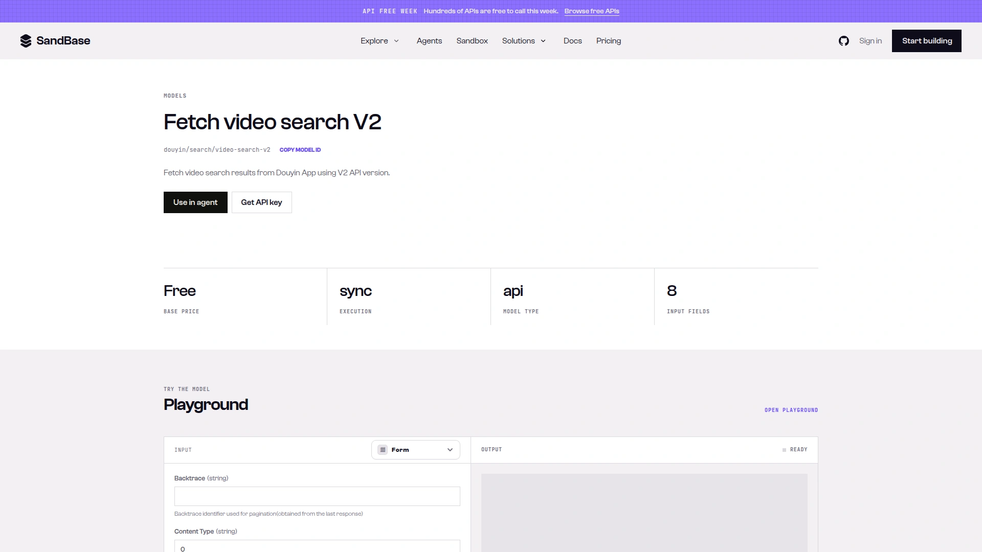 SandBase model page for douyin/search/video-search-v2 showing Free base price, sync execution and 8 input fields