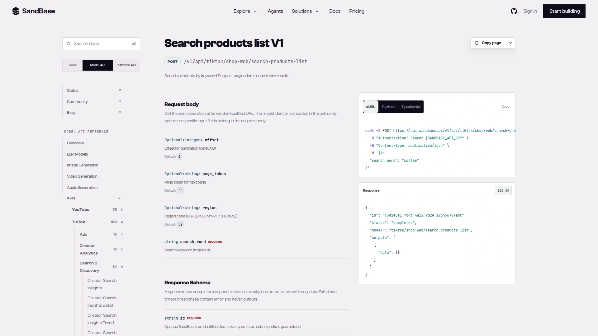 SandBase endpoint reference for tiktok/shop-web/search-products-list showing POST /v1/api/tiktok/shop-web/search-products-list with offset, page_token, region and search_word